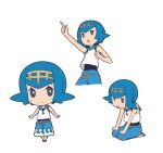  1girl :&gt; :o arm_up bangs bare_arms blue_hair blue_pants blue_sailor_collar bright_pupils chibi clenched_hand closed_mouth commentary_request eyelashes freckles grey_eyes hairband hand_up hands_on_own_thighs highres index_finger_raised lana_(pokemon) looking_at_viewer looking_up multiple_views no_sclera one-piece_swimsuit open_mouth pants pokemon pokemon_(game) pokemon_sm sailor_collar sandals shirt short_hair simple_background sitting sleeveless sleeveless_shirt smile squid_neetommy swimsuit swimsuit_under_clothes trial_captain white_background white_pupils white_shirt yellow_hairband 