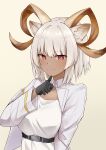  1girl absurdres animal_ears arknights beige_background black_gloves carnelian_(arknights) cropped_jacket dark-skinned_female dark_skin gloves goat_ears goat_girl goat_horns highres horns jacket mango_(mgo) pointing pointing_at_self red_eyes shirt short_hair simple_background solo upper_body white_hair white_jacket white_shirt 