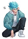  1boy 44vkck aqua_eyes aqua_hair aqua_jacket black_pants casual dragon_ball dragon_ball_super drawstring earrings full_body highres hood hood_down jacket jewelry male_focus pants potara_earrings signature simple_background smile solo spiked_hair super_saiyan super_saiyan_blue symbol_commentary vegetto white_background white_footwear 