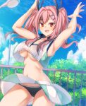  1girl :d absurdres armpits arms_up ass_visible_through_thighs azur_lane bangs bare_shoulders black_panties blue_sky blush breasts bremerton_(azur_lane) bremerton_(scorching-hot_training)_(azur_lane) cleavage clothes_lift cloud collarbone collared_shirt commentary cowboy_shot crop_top crop_top_overhang day eyebrows_visible_through_hair green_skirt grey_hair hair_between_eyes hair_intakes hair_ornament hairclip highres lamppost large_breasts long_hair looking_at_viewer lower_teeth midriff multicolored_hair navel no_mole open_mouth outdoors panties pantyshot pink_eyes pink_hair plant railing shirt shirt_lift sidelocks skirt skirt_lift sky sleeveless sleeveless_shirt smile solo sportswear standing streaked_hair ten. tennis_uniform twintails two-tone_hair two-tone_shirt two-tone_skirt underboob underwear white_shirt white_skirt wind wind_lift x_hair_ornament 
