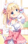  1girl :3 animal_ears apron arm_up bangs bare_shoulders bell blonde_hair blurry blurry_background blush bow cat_ears cat_girl cat_tail closed_mouth commentary depth_of_field eyebrows_visible_through_hair gloves hair_bow hand_up heart heart_tail indoors jingle_bell looking_at_viewer off-shoulder_shirt off_shoulder one_side_up original pan_(mimi) paw_gloves paws pink_apron pink_bow puffy_short_sleeves puffy_sleeves shirt short_sleeves skirt smile solo tail tail_bell tail_bow tail_ornament tail_raised white_gloves white_shirt white_skirt 