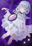  #compass 1girl bangs black_ribbon blue_hair blunt_bangs chain clock closed_eyes commentary coquelicot_blanche doko_ka_no_hosono dress eyebrows_visible_through_hair feet_out_of_frame floral_print flower hair_ribbon highres long_hair open_mouth purple_background ribbon shiny shiny_hair solo white_dress white_flower wrist_cuffs 