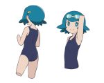  1girl arm_up armpits bangs bare_arms black_swimsuit blue_eyes blue_hair bright_pupils closed_mouth commentary_request eyelashes freckles goggles goggles_on_head highres lana_(pokemon) looking_at_viewer multiple_views no_sclera one-piece_swimsuit pokemon pokemon_(game) pokemon_sm short_hair simple_background smile squid_neetommy swimsuit trial_captain wedgie white_background white_pupils 