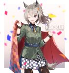  1girl a.a_(aa772) animal_ears arknights black_legwear blue_shirt blue_skirt checkered checkered_blanket checkered_skirt cowboy_shot food-themed_hair_ornament grani_(arknights) grani_(miraculous_moment)_(arknights) green_shirt grey_hair hair_ornament holding_blanket horse_ears horse_girl horse_tail looking_at_viewer necktie official_alternate_costume one_eye_closed open_mouth pantyhose pizza_hair_ornament ponytail purple_eyes sash shirt skirt solo striped striped_neckwear tail undershirt white_skirt wristband yellow_neckwear 