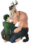  2boys absurdres antlers bakugou_katsuki bangs barefoot belt blue_pants boku_no_hero_academia brown_belt claws collared_shirt english_commentary freckles from_side green_hair green_hoodie highres hood hoodie jewelry kiss looking_down male_focus midoriya_izuku multiple_boys muscular muscular_male necklace open_clothes pants paws rin_(rinriemie) scar scar_on_hand shirt shirtless short_hair skull white_shirt yaoi 