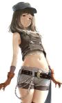  1girl absurdres akita_hika belt bike_shorts bike_shorts_under_shorts black_belt black_headwear breasts brown_eyes brown_gloves brown_hair chain clenched_teeth commentary_request final_fantasy final_fantasy_vii final_fantasy_vii_remake gloves hat highres kyrie_canaan looking_at_viewer midriff navel short_hair short_shorts shorts simple_background sleeveless small_breasts solo teeth white_background 