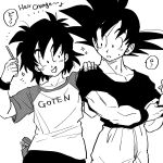  +++ 2boys adjusting_clothes black_eyes black_hair black_pants black_shirt black_theme black_wristband character_name clothes_writing collarbone dragon_ball dragon_ball_z eighth_note english_text father_and_son fingernails food hand_on_another&#039;s_shoulder hand_up head_tilt highres holding holding_food holding_pocky looking_at_another looking_to_the_side male_focus monochrome multiple_boys muscular musical_note open_mouth pants parted_lips pectorals pocky polka_dot raglan_sleeves shirt short_sleeves side-by-side simple_background smile son_goku son_goten sparkle speech_bubble spiked_hair standing surprised sweatdrop talking tkgsize translation_request unmoving_pattern upper_body white_background wristband 