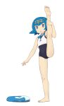  1girl absurdres bare_arms barefoot black_swimsuit blue_eyes blue_hair blue_pants blue_sailor_collar bright_pupils commentary_request covered_navel eyelashes freckles full_body hairband highres knees lana_(pokemon) leg_hold leg_up looking_at_viewer no_sclera one-piece_swimsuit open_mouth pants pants_removed pokemon pokemon_(game) pokemon_sm sailor_collar shirt short_hair simple_background sleeveless sleeveless_shirt soles solo split squid_neetommy standing standing_on_one_leg standing_split swimsuit toes trial_captain white_background white_pupils white_shirt yellow_hairband 