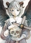  1girl black_eyes black_horns black_wings chain cross dress feathered_wings frills grey_dress highres holding holding_skull horns long_sleeves looking_at_viewer original pointy_ears shadow short_hair skull solo toaruocha white_hair wings 