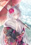  1girl absurdres animal_ears bangs blush fate/grand_order fate_(series) furisode hair_between_eyes happy_new_year hatsumoude highres holding holding_umbrella huge_filesize japanese_clothes jeanne_d&#039;arc_(alter)_(fate) jeanne_d&#039;arc_(fate)_(all) kimono looking_at_viewer mouse_ears new_year penguintake silver_hair solo umbrella winter_clothes yellow_eyes 