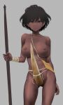  1girl :| areolae arms_at_sides ass_visible_through_thighs bangs bare_arms bare_shoulders black_hair blue_eyes breasts closed_mouth collarbone cowboy_shot dark-skinned_female dark_skin grey_background highres holding holding_weapon looking_at_viewer medium_breasts original short_hair thighs toned topless tribal wa_(genryusui) weapon 