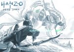  1boy arrow_(projectile) bow bow_(weapon) character_name copyright_name crossover facebook_username genji_(overwatch) glowing glowing_eyes grass greyscale hanzo_(overwatch) hm_(hmongt) holding holding_bow holding_weapon horizon_zero_dawn lens_flare looking_at_another male_focus mecha monochrome outdoors overwatch ponytail quiver solo tree weapon wind 