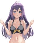  1girl :o ahoge amanoyui bangs bare_arms bare_shoulders black_ribbon blue_eyes blush breasts cleavage collarbone commentary_request eyebrows_visible_through_hair hands_up highres idolmaster idolmaster_million_live! long_hair looking_at_viewer medium_breasts mochizuki_anna navel open_mouth purple_hair ribbon simple_background solo stomach upper_body very_long_hair white_background yellow_ribbon 