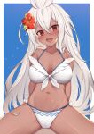  1girl :d bangs bikini blush breasts collarbone commentary_request dark-skinned_female dark_skin eyebrows_visible_through_hair flower front-tie_bikini front-tie_top granblue_fantasy hair_between_eyes hair_flower hair_ornament halter_top halterneck hibiscus highres long_hair looking_at_viewer medium_breasts navel open_mouth red_eyes red_flower sitting smile solo straddling swimsuit uneg upper_teeth very_long_hair white_bikini white_hair zooey_(granblue_fantasy) 