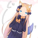  1girl :o abigail_williams_(fate) animal_ear_fluff animal_ears bangs black_bow black_dress blue_eyes blush bow brown_bow brown_hair cat_ears commentary_request dress dutch_angle fate/grand_order fate_(series) forehead hair_bow highres kemonomimi_mode long_hair long_sleeves looking_at_viewer no_hat no_headwear open_mouth parted_bangs polka_dot polka_dot_bow sleeves_past_fingers sleeves_past_wrists solo su_guryu tentacles very_long_hair white_background 