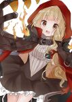  1girl bangs black_dress blonde_hair blunt_bangs brown_hair cloak commentary_request cowboy_shot doko_ka_no_hosono dress dutch_angle eyebrows_visible_through_hair frilled_dress frills highres hood hood_up hooded_cloak little_red_riding_hood_(sinoalice) long_hair looking_at_viewer open_mouth red_cloak shirt simple_background sinoalice smile solo white_background white_shirt 