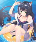  1girl animal_ears black_hair cat_ears cat_girl cat_tail closed_mouth green_eyes highres karyl_(princess_connect!) long_hair ocean princess_connect! shimon_(31426784) sunglasses swimsuit tail 