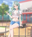  1girl alternate_costume aqua_hair arm_support bang_dream! bangs black_bra blue_sky blurry blurry_background blush bra breasts building chair closed_mouth cloud collarbone commentary_request cowboy_shot crop_top cutoffs day denim denim_shorts eyebrows_visible_through_hair green_eyes groin hair_between_eyes highres hikawa_sayo holding holding_hair long_hair looking_at_viewer medium_breasts midriff mssa_(mne123456) navel nose_blush outdoors railing see-through shirt short_shorts short_sleeves shorts sidelocks sitting sitting_on_railing sky solo sparkle t-shirt table tree underwear white_shirt 