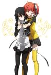  2girls aiba_ami black_hair blush closed_eyes crying digimon digimon_story:_cyber_sleuth highres hug hug_from_behind kamishiro_yuuko multiple_girls oiun red_hair short_hair skirt tearing_up thighhighs tied_hair yuri 