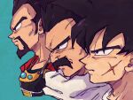  3boys adam&#039;s_apple armor bardock beard black_eyes black_hair blue_background cheekbones close-up closed_mouth collarbone cropped_shoulders dragon_ball dragon_ball_minus dragon_ball_super dragon_ball_super_broly dragon_ball_z face facial_hair facing_away from_side frown highres jewelry king_vegeta lineup looking_afar male_focus multiple_boys necklace paragus_(dragon_ball_super) profile scar scar_on_cheek scar_on_face serious simple_background spiked_hair tkgsize wrinkles 