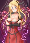  1girl anti_(untea9) black_choker breasts choker cleavage collarbone cosplay crossed_arms dress fake_horns heart heart-shaped_lock heart_choker highres horns kantai_collection large_breasts long_sleeves looking_at_viewer maou_(maoyuu) maou_(maoyuu)_(cosplay) maoyuu_maou_yuusha nelson_(kancolle) open_mouth red_dress solo 