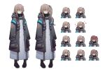  1girl absurdres alternate_hairstyle anger_vein arknights bangs black_footwear blush boots brown_hair closed_eyes closed_mouth coat crying crying_with_eyes_open doctor_(arknights) expression_chart girls&#039;_frontline hair_between_eyes half-closed_eyes highres hood hood_down koorihibari long_hair looking_at_viewer one_side_up open_mouth scar scar_across_eye simple_background sleeves_past_fingers sleeves_past_wrists smile standing tears tongue tongue_out ump45_(girls&#039;_frontline) white_background 