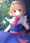  1girl alice_margatroid bangs blonde_hair blue_dress blush bow bowtie capelet commentary cowboy_shot doko_ka_no_hosono dress eyebrows_visible_through_hair flower frilled_capelet frilled_hairband frilled_neckwear frills hair_between_eyes hairband highres looking_at_viewer open_mouth petals pink_bow pink_hairband pink_neckwear pink_sash purple_eyes red_neckwear sash short_hair sleeveless sleeveless_dress solo string touhou white_capelet white_flower 