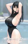  1girl armpits arms_behind_head arms_up bangs bare_shoulders black_hair black_swimsuit breasts closed_eyes collarbone hayabusa highleg highleg_swimsuit highres large_breasts long_hair mole mole_under_mouth one-piece_swimsuit open_mouth original sideboob swimsuit wading water wet 