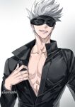  1boy artist_name black_blindfold black_jacket blindfold collarbone covered_eyes facing_viewer gearous gojou_satoru grin hand_up highres jacket jujutsu_kaisen long_sleeves male_focus open_clothes open_jacket short_hair simple_background smile solo upper_body white_background white_hair 