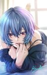  1girl ayanami_rei bangs barefoot blue_hair blue_shirt curtains feet_up hair_between_eyes highres indoors koya_(koya_x_00) light_blush light_particles looking_at_viewer lying nail_polish neon_genesis_evangelion off-shoulder_shirt off_shoulder on_bed on_stomach parted_lips red_eyes shirt signature solo strap_slip window 