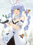  1girl absurdres animal_ear_fluff animal_ears bangs bare_shoulders blue_hair blurry blurry_background bow braid breasts brown_gloves bunny_ears carrot cleavage eyebrows_visible_through_hair food-themed_hair_ornament fur-trimmed_jacket fur_collar fur_trim gloves hair_bow hair_ornament highres holding hololive jacket long_braid long_hair multicolored_hair pantyhose puffy_short_sleeves puffy_sleeves rabbit_girl scarf short_sleeves solo takenoko_no_you twin_braids two-tone_hair upper_teeth usada_pekora virtual_youtuber white_bow white_hair white_jacket 