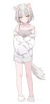  1girl :o animal_ear_fluff animal_ears animal_slippers bangs blush brown_eyes camisole collarbone commentary eyebrows_visible_through_hair full_body grey_camisole grey_hair highres hood hoodie mafuyu_(chibi21) off_shoulder original parted_lips simple_background slippers solo standing strap_slip tail twitter_username white_background white_footwear white_hoodie work_in_progress 