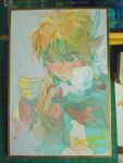  1boy blonde_hair blue_eyes blush dated feather_hair_ornament feathers hair_ornament highres lingcod_dayu link male_focus medium_hair parted_lips pointy_ears side_braids signature snowing snowquill_set_(zelda) solo steam the_legend_of_zelda the_legend_of_zelda:_breath_of_the_wild traditional_media white_background 