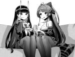  2girls agano_(azur_lane) azur_lane bare_shoulders breasts cleavage couch cup detached_sleeves greyscale hair_ornament hair_ribbon hairclip holding holding_cup hori_(hori_no_su) horns japanese_clothes large_breasts long_hair long_sleeves monochrome multiple_girls neckerchief noshiro_(azur_lane) off_shoulder official_art pantyhose ribbon sailor_collar school_uniform sitting very_long_hair x_hair_ornament 