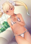  1girl bangs bikini blonde_hair blush collarbone commentary_request flat_chest flower gradient_hair granblue_fantasy hair_flower hair_ornament io_euclase long_hair micro_bikini multicolored_hair navel purple_eyes rainbow_hair sody solo swimsuit tan twintails 