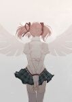  1girl absurdres arms_behind_back back_bow beige_background beige_bow black_skirt bow facing_away feet_out_of_frame floating_hair from_behind hair_ribbon high_collar highres juliet_sleeves kaname_madoka legs_together long_sleeves mahou_shoujo_madoka_magica misteor mitakihara_school_uniform pink_hair plaid plaid_skirt pleated_skirt puffy_sleeves red_ribbon ribbon school_uniform simple_background skirt solo thighhighs transparent_wings twintails white_legwear wings zettai_ryouiki 
