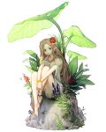  1girl absurdres anklet aqua_flower bare_legs bare_shoulders barefoot blonde_hair blue_eyes breasts bug butterfly cleavage flower full_body hair_flower hair_ornament highres insect jewelry knees_up leaf long_hair looking_at_viewer original pink_flower plant pointy_ears purple_flower red_flower rinotuna rock shadow smile solo white_butterfly white_flower yellow_flower 