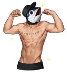 1boy abs arms_up artist_name biceps black_headwear fish_head flexing hat muscular muscular_male nipples original pectorals pose rinotuna shirtless simple_background solo sparkle white_background 