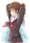  1girl absurdres arms_up bangs blush brown_eyes brown_hair brown_shirt brown_skirt hands_in_hair hands_up hibike!_euphonium highres kitauji_high_school_uniform long_sleeves medium_hair mou_(piooooon) neckerchief oumae_kumiko parted_lips pleated_skirt ponytail red_neckwear sailor_collar school_uniform serafuku shirt sketch skirt solo tying_hair white_background white_sailor_collar 