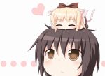  2girls animal_ears animal_on_head blonde_hair bow brown_eyes brown_hair cat cat_ears cat_on_head chibi closed_eyes eyebrows_visible_through_hair funami_yui heart kagerou_(kers) long_hair looking_up minigirl multiple_girls nanamori_school_uniform on_head red_bow school_uniform short_hair simple_background tail toshinou_kyouko yuru_yuri 