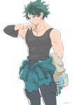  1boy bangs bare_shoulders black_sleeves black_tank_top bodysuit boku_no_hero_academia boots clothes_around_waist collarbone commentary_request cowboy_shot detached_sleeves freckles from_side gloves green_eyes green_hair grey_background male_focus midoriya_izuku pectorals pero_(pero56870578) scar_on_hand short_hair simple_background smile solo sweatdrop tank_top thigh_boots thighhighs white_background 