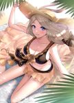  1girl absurdres alternate_costume beach bikini black_bikini black_swimsuit blonde_hair blue_eyes breasts cleavage collarbone fire_emblem fire_emblem:_three_houses fire_emblem_heroes from_above gonzarez hat highres large_breasts long_hair looking_at_viewer looking_up mercedes_von_martritz navel palm_tree sarong see-through shade side_ponytail sideboob smile solo sun_hat swimsuit towel tree 