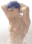  1boy abs armpit_hair armpits arms_up blue_hair closed_mouth collarbone colored_armpit_hair cu_chulainn_(fate)_(all) cu_chulainn_(fate/stay_night) earrings fate/stay_night fate_(series) highres jewelry long_hair male_focus mondi_hl muscular muscular_male navel nipples red_eyes simple_background smile solo spiked_hair topless wet 
