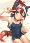  1girl animal_ears bangs bare_arms bare_shoulders blue_eyes blush breasts brown_hair collarbone commentary_request eyebrows_visible_through_hair grin hair_flaps highres horse_ears horse_girl horse_tail long_hair multicolored_hair one-piece_swimsuit open_mouth ponytail poolside shiden_(sashimi_no_wife) small_breasts smile solo streaked_hair swimsuit tail tokai_teio_(umamusume) two-tone_hair umamusume v white_hair 