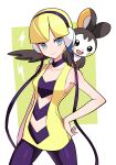  1girl bangs bare_arms blonde_hair blue_eyes blunt_bangs breasts cable choker closed_mouth collarbone commentary_request cowboy_shot elesa_(pokemon) emolga gen_5_pokemon gym_leader hand_on_hip headphones highres korean_commentary legs_apart on_shoulder pantyhose pokemon pokemon_(creature) pokemon_(game) pokemon_bw pokemon_on_shoulder purple_choker rnehrdyd1212 shiny shiny_hair short_hair sleeveless smile 