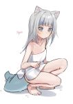  1girl absurdres animal_ear_fluff animal_ears bare_legs barefoot blue_hair cat_ears closed_mouth collarbone fish_tail full_body gawr_gura grey_eyes grey_hair highres hololive hololive_english long_hair looking_at_viewer multicolored_hair naked_towel nyan romaji_text shadow shark_tail solo squatting streaked_hair syhan tail towel virtual_youtuber water wet white_background 