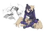  1girl annoyed apex_legends bangs black_bodysuit black_eyes black_hair black_scarf blush bodysuit dog dog_on_lap expressionless hair_bun licking looking_down looking_up parted_bangs petting puppy renee_shika_egakan scarf tongue tongue_out wraith_(apex_legends) 