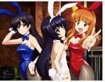  3girls :d absurdres ahoge animal_ears ass bangs bare_arms black_hair blue_legwear blue_neckwear blunt_bangs breasts brick_wall brown_eyes bunny_ears bunny_tail cleavage closed_mouth detached_collar fake_animal_ears fake_tail fishnets girls_und_panzer grey_eyes hand_on_hip head_tilt highres indoors isuzu_hana leotard long_hair mc_axis medium_breasts multiple_girls official_art open_mouth orange_hair pantyhose playboy_bunny red_leotard red_neckwear reizei_mako scan sideboob small_breasts smile standing tail takebe_saori v white_leotard wrist_cuffs 