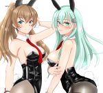  animal_ears aqua_hair black_leotard breasts brown_hair bunny_ears bunny_tail commentary_request cowboy_shot dated detached_collar fishnet_legwear fishnets gradient green_eyes hair_ornament hairclip highres kantai_collection kumano_(kancolle) leotard long_hair looking_at_viewer medium_breasts necktie nitamago_(sakamalh) pantyhose playboy_bunny ponytail red_neckwear simple_background strapless strapless_leotard suzuya_(kancolle) tail twitter_username white_background wrist_cuffs 