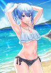  1girl adjusting_hair armpits bangs beach bikini blue_eyes blue_hair blush boku_no_edamame breasts cleavage cloud collarbone day eyebrows_visible_through_hair groin hair_between_eyes hair_tie hair_tie_in_mouth highres hololive hoshimachi_suisei jewelry looking_at_viewer medium_hair mouth_hold navel necklace ocean outdoors panties ponytail revision sand side-tie_bikini side-tie_panties sky small_breasts solo swimsuit thighs tied_hair tying_hair underwear virtual_youtuber water wet 